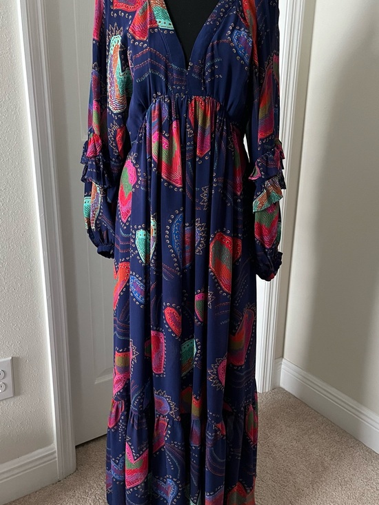 FARM Rio Dresses & Skirts - FARM Rio Shiny Hearts Ruffle Maxi Dress in Navy – Size M (Open Back)